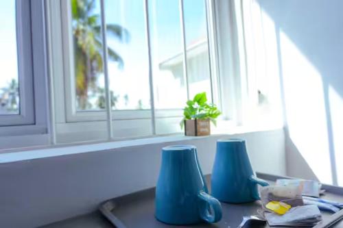 two blue vases sitting on a counter in front of a window at Spacious Eco Guest House Colombo in Sri Jayewardenepura Kotte