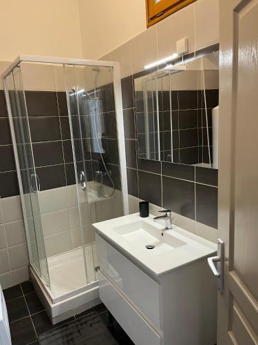 une salle de bain avec un lavabo et une douche dans l'établissement Le Bohème Floral Lit King Size, à Carcassonne