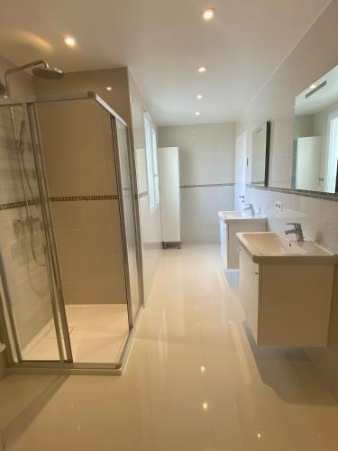 une grande salle de bain avec douche et lavabo dans l'établissement Spacious home and its gym, à Les Alluets-le-Roi