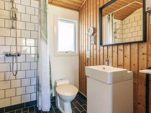 a bathroom with a toilet and a sink and a mirror at 6 person holiday home in Rødby in Rødby