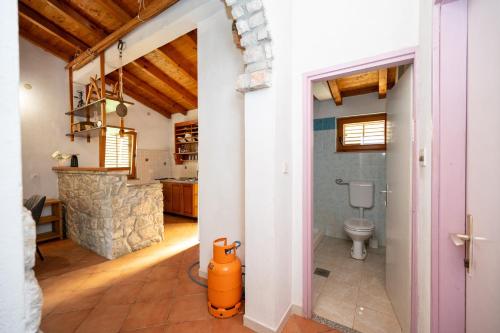 a bathroom with a toilet and a stone wall at Secluded fisherman's cottage Cove Jaz - Telascica, Dugi otok - 8143 in Sali