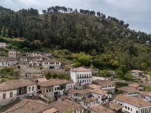 an aerial view of a village with houses at GrandView Hotel in Berat