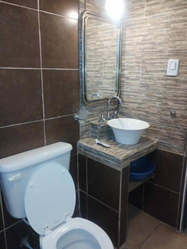 a bathroom with a white toilet and a sink at Casa doña tati in Cortaderas