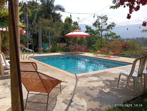 a swimming pool with chairs and an umbrella at Finca Santa María Del Lago in Piedecuesta
