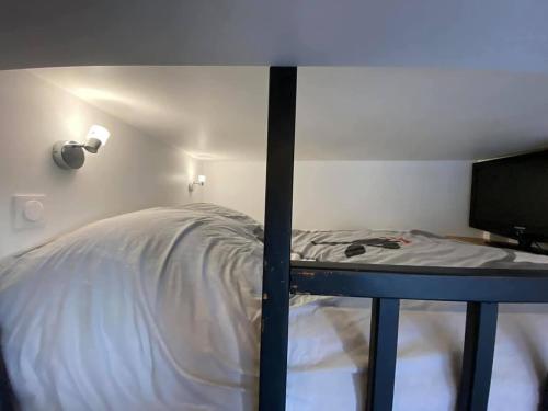 Ce lit superposé se trouve dans un dortoir doté d'une télévision. dans l'établissement Studio au cœur de paris, à Paris