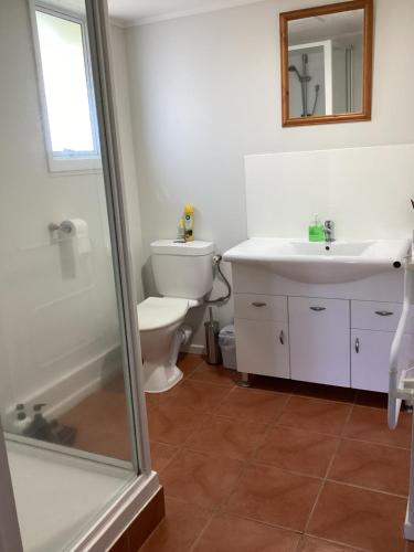 a bathroom with a toilet and a sink and a shower at Tranquille in Tauranga in Tauranga