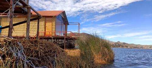 プーノにあるTiticaca Kontiki Eco Lodge Peruの水の側に座る家