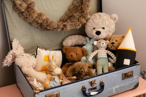 a suitcase full of stuffed animals on a table at 'The Light-House' Entire Home with Coastal Views in Devonport