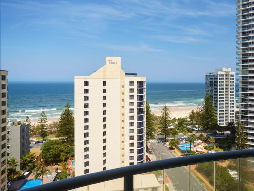 a view of the beach from a balcony of a building at Twin beds room with a great view in Heart of GC in Gold Coast