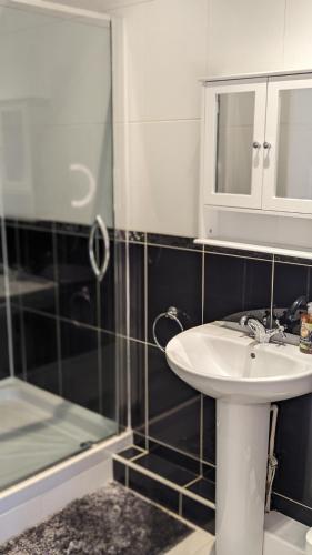 a bathroom with a sink and a shower at Stylish Condo on Victorian Seafront, Voyagers Rest Bexhill in Bexhill