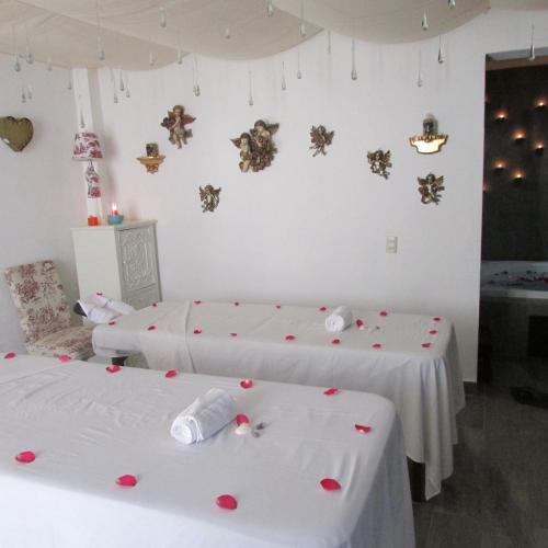 two beds in a room with hearts on the walls at Hotel & Spa La Mansion del B Azul in Querétaro