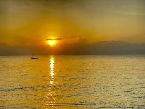 a boat in the middle of the ocean at sunset at Lui Ushongo Beach House in Pangani