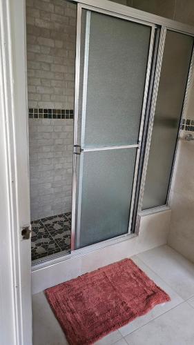 a glass shower door with a red rug in a bathroom at Sophia's vacation -near beaches in Kupuis