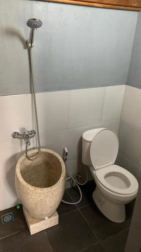 a bathroom with a toilet and a stone tub at D sabin cottage in Punten