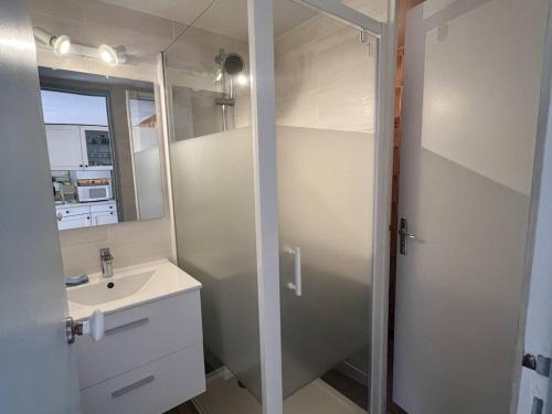 une salle de bain avec un lavabo et un miroir dans l'établissement Villa 5 pers, Mezzanine, WIFI, Clim, Parking, près Plage - FR-1-81-632, au Barcarès