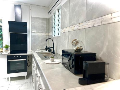 La Villa Des Lys avec jacuzzi في سان دوني: مطبخ مع ميكروويف ومغسلة