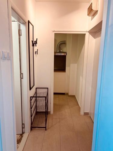 a hallway with a mirror and a sink in a room at Your cozy place! in Belgrade