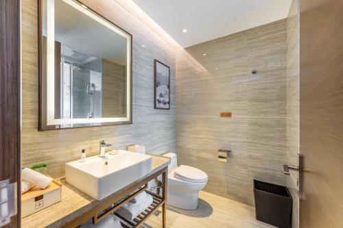 a bathroom with a sink and a toilet at Millennium Resort Wuyishan in Wuyishan