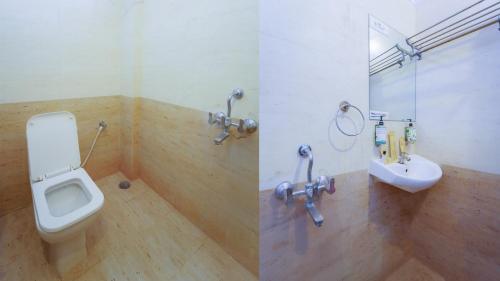 two pictures of a bathroom with a toilet and a sink at Treebo Royal Empire Indore in Indore