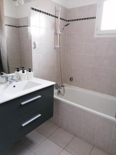 une salle de bain avec un lavabo, une baignoire et une douche dans l'établissement Appartement Le Petit Nid Cévenol, à Anduze