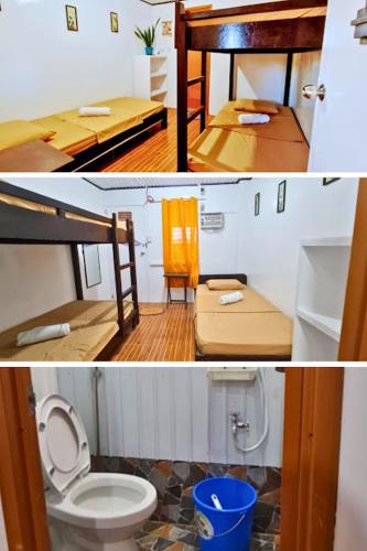 two pictures of a bathroom with a toilet and a sink at Casetta Homestay Siargao in General Luna