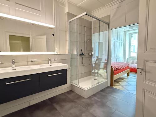 a bathroom with a glass shower and a sink at Revier zum Bücherwurm in Glarus