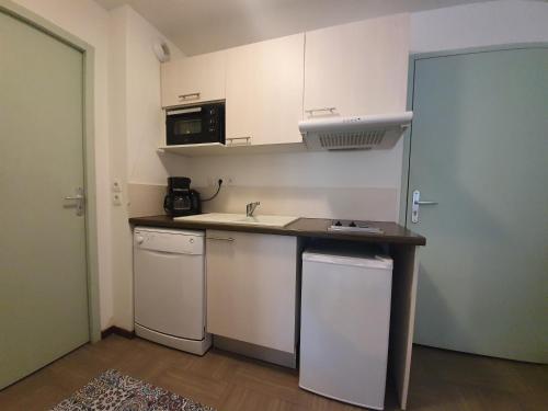 une petite cuisine avec un évier et un comptoir dans l'établissement Appartement T2 climatisé Piscine, à Gréoux-les-Bains