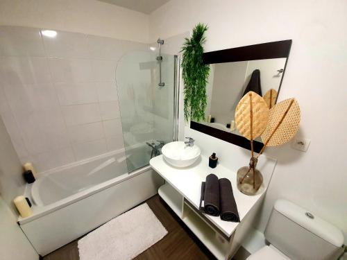 une salle de bain avec un lavabo, une baignoire et des toilettes dans l'établissement Appartement T2 climatisé Piscine, à Gréoux-les-Bains