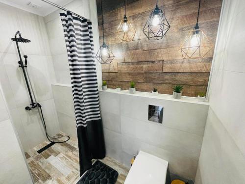 a bathroom with a shower with lights on the wall at Guest House “Anchetata” in Apriltsi