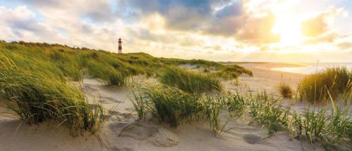 a beach with a lighthouse on a hill next to the ocean at Ferienwohnung Buhne 2 in Norden
