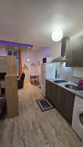 Il comprend une cuisine et un salon avec une table. dans l'établissement Le petit cocon centre ville, à Tuchan