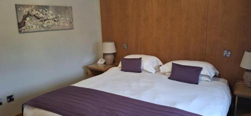 a hotel room with two beds with purple pillows at Royal Court Hotel in Portrush