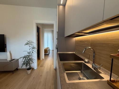 una cucina con lavello e un soggiorno di Central suite bilocale in centro con garage a San Benedetto del Tronto