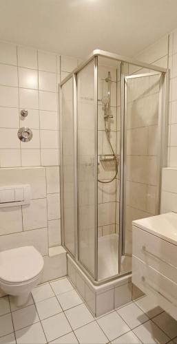 a white bathroom with a shower and a toilet at Appartements an der Kaiserpfalz - Königshof in Forchheim