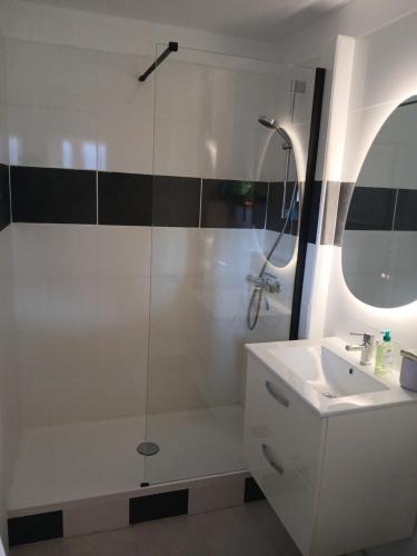 a white bathroom with a shower and a sink at La Cabine du Man, classé 2 étoiles in Roscoff