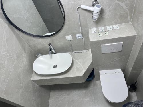a bathroom with a sink and a mirror and a toilet at 77/5 in Chişinău