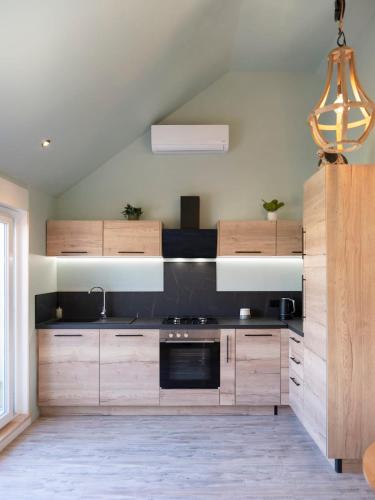 une grande cuisine avec des placards en bois et un lustre dans l'établissement La Cabane - deux chambres et grande terrasse, à Metz