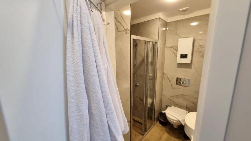 a bathroom with a shower and a toilet at Elite Luxury Suite - City 3 in Alanya