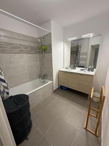 une salle de bain avec une baignoire, un lavabo et un miroir dans l'établissement Bellevue, à Annecy