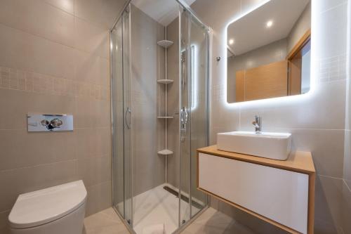 a bathroom with a shower and a toilet and a sink at Flor do Galvão in Lagos