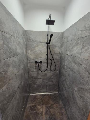 a bathroom with a shower with a shower head at Monteurzimmer 4 am See mit Garten in Zeuthen