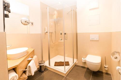 a bathroom with a shower and a toilet and a sink at Thermalhotel Gass in Bad Füssing