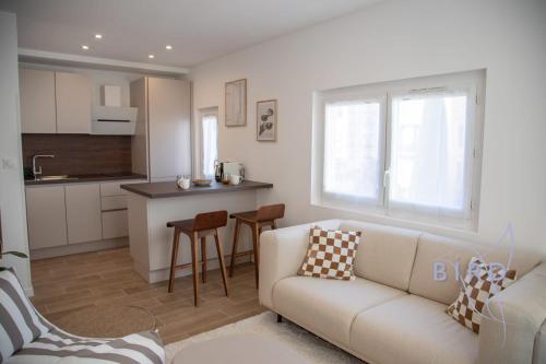 un salon avec un canapé et une cuisine dans l'établissement A haven of peace in the city center, à Cannes