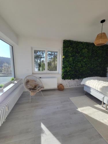 a white room with a bed and a couch and windows at Vineyard-Suites Traumferienwohnung mit Panoramablick und Weinidylle in Elsenfeld