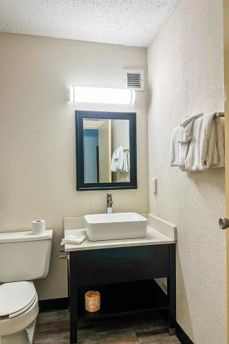 a bathroom with a sink and a toilet and a mirror at Jackson Hotel And Convention Center in Jackson