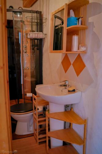 une salle de bain avec un lavabo et des toilettes dans l'établissement Mas Soubeyran, à Saint-Michel-de-Dèze