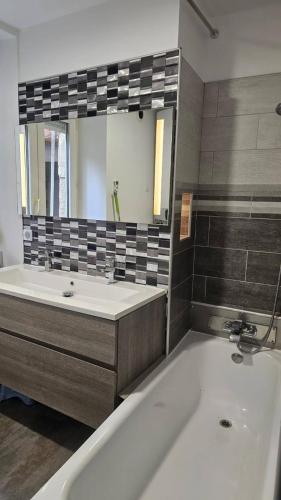 une salle de bain avec une baignoire, un lavabo et un miroir dans l'établissement Le Charme et Confort Saint -Sévère T3 Vienne, à Vienne