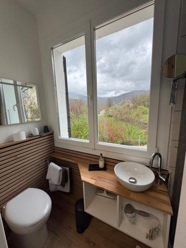 La salle de bains est pourvue de toilettes, d'un lavabo et de 2 fenêtres. dans l'établissement Bnb Castellane Chambre d'Hotes B&B, à Castellane