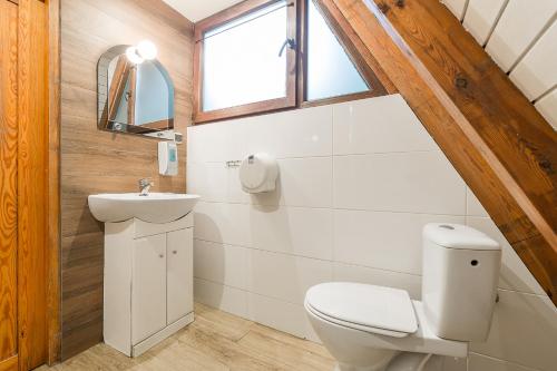 a bathroom with a toilet and a sink and a window at POŁONINY Resort in Bukowiec