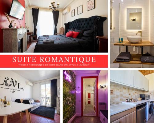 un collage de photos d'une chambre et d'un salon dans l'établissement Suite romantique - Carré d'Or Nice proche de la mer, à Nice